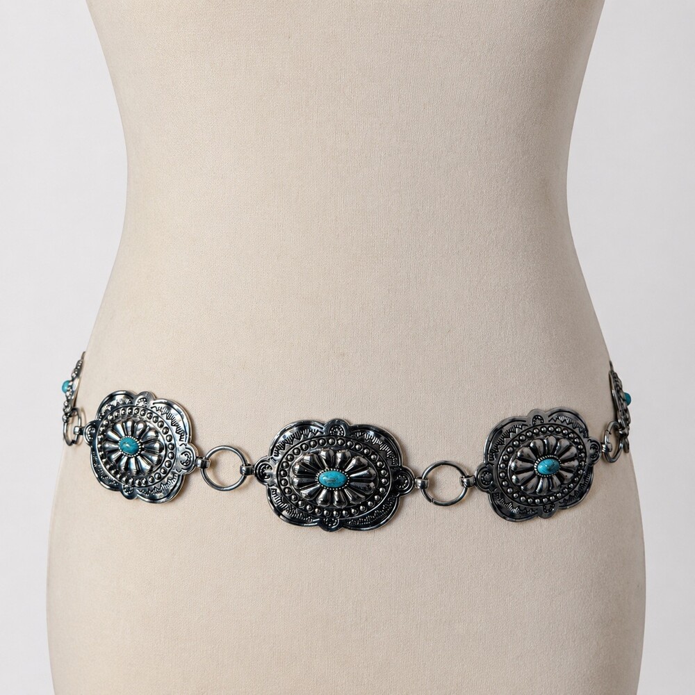 Vintage Cowgirl Silver Oval Concho Turquoise Waist Belt Retro Country Western - Picture 11 of 11